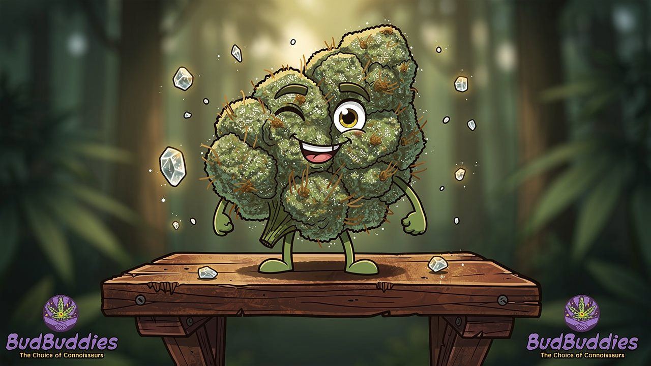 Cartoon frosty trichome-covered cannabis bud character