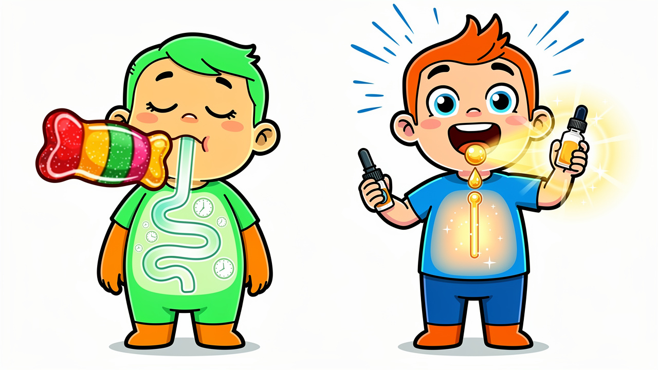 Cartoon comparing sublingual oil and swallowed edible onset