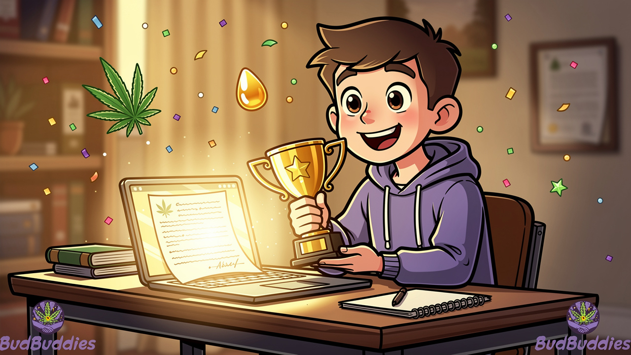 Cartoon student celebrating finished essay with balanced cannabis use