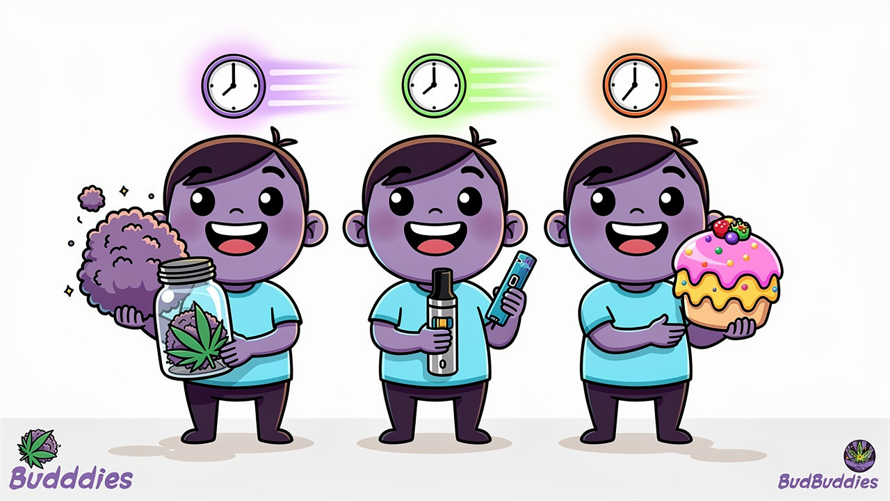 Cartoon comparison of flower, vape and edible formats