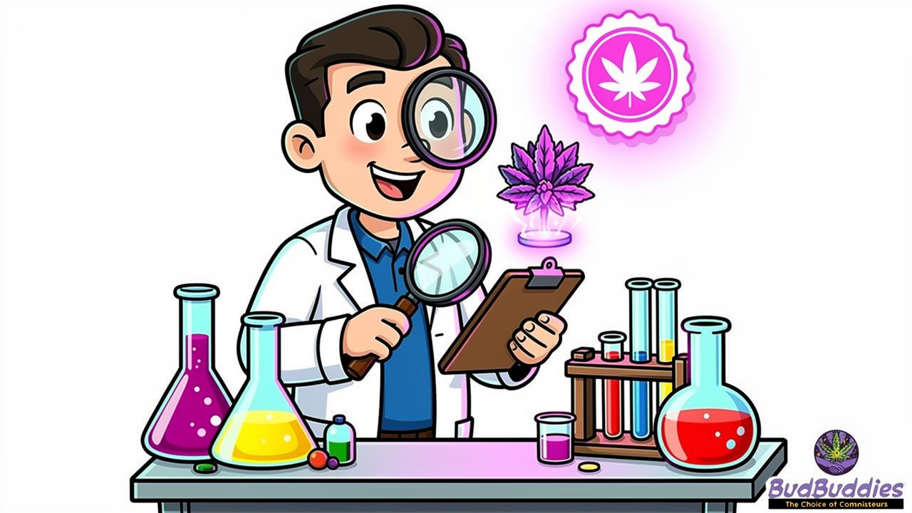 Cartoon scientist inspecting lab-tested cannabis bud