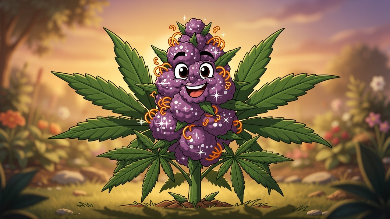 Cartoon cannabis plant with purple buds and trichomes
