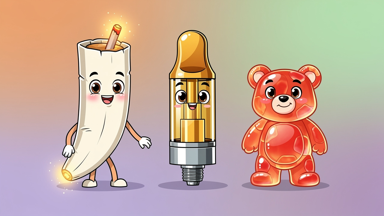 Cartoon cannabis joint, vape, and gummy sweet characters