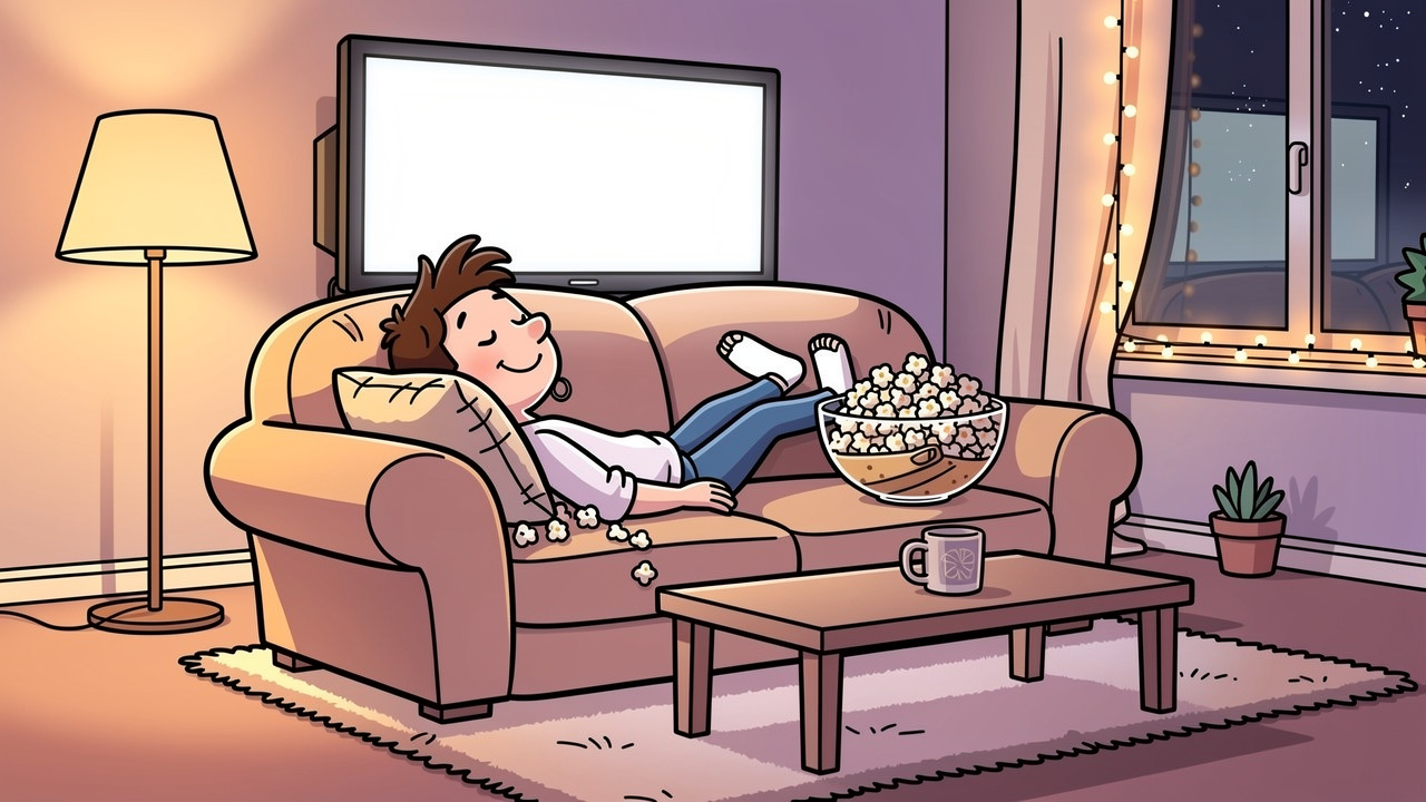 Cartoon character relaxing on sofa for a cosy film night