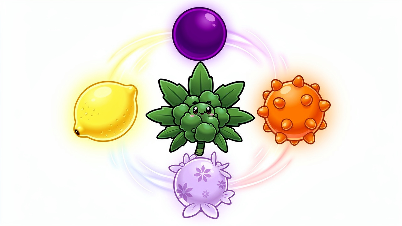 Cartoon terpene orbs floating around a cannabis flower