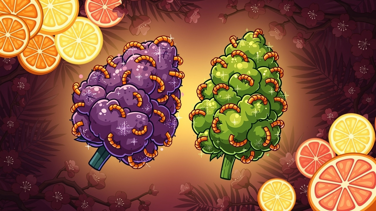 Cartoon cannabis buds showing purple and green Super Boof appearance