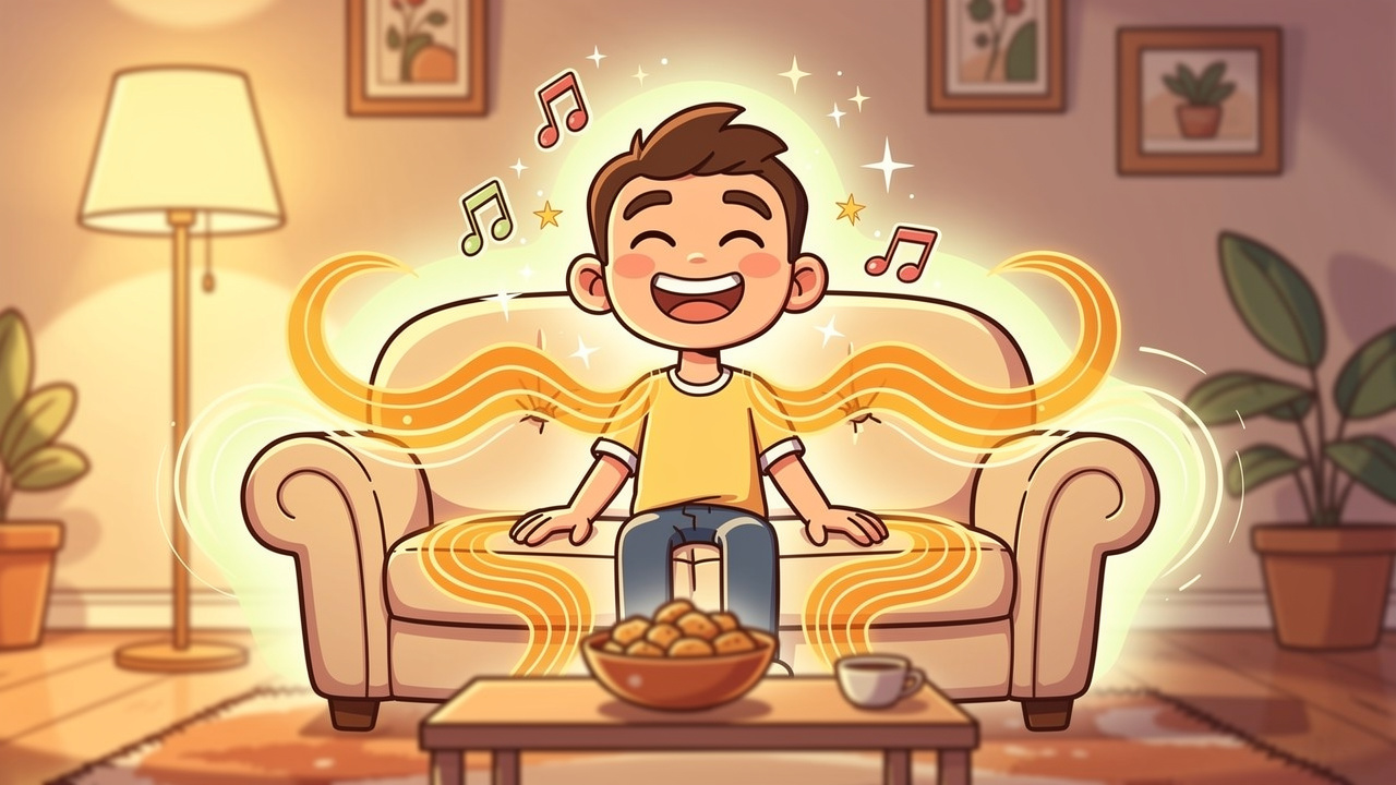 Cartoon character experiencing happy euphoria and body relaxation