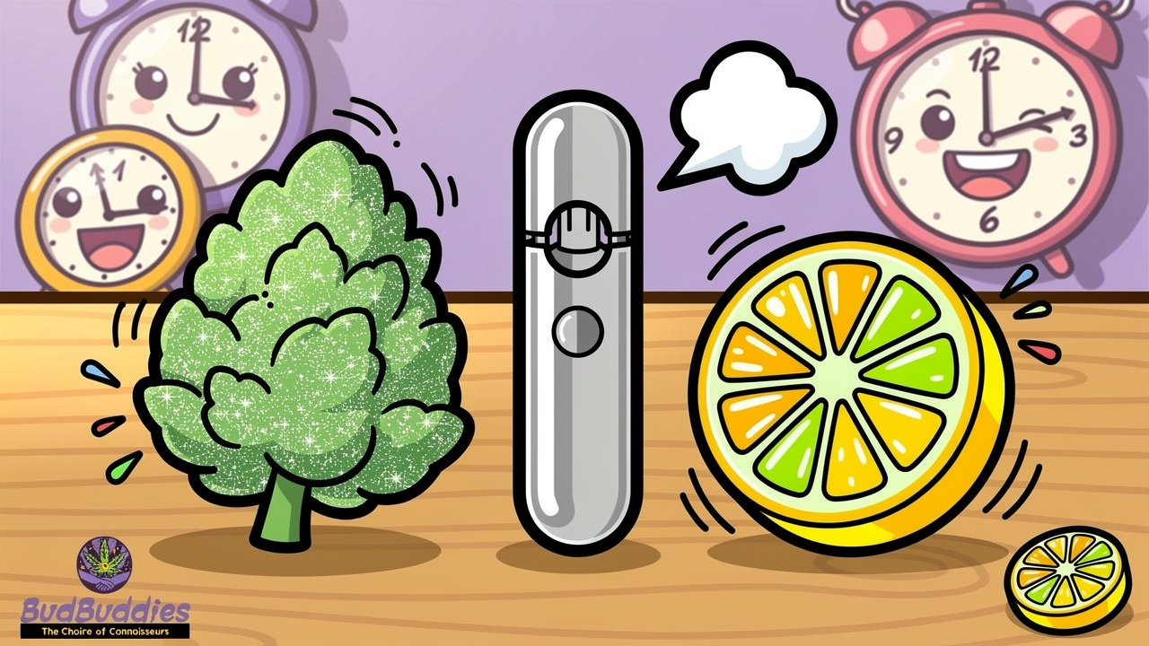 Cartoon comparison of flower, vape and edible formats