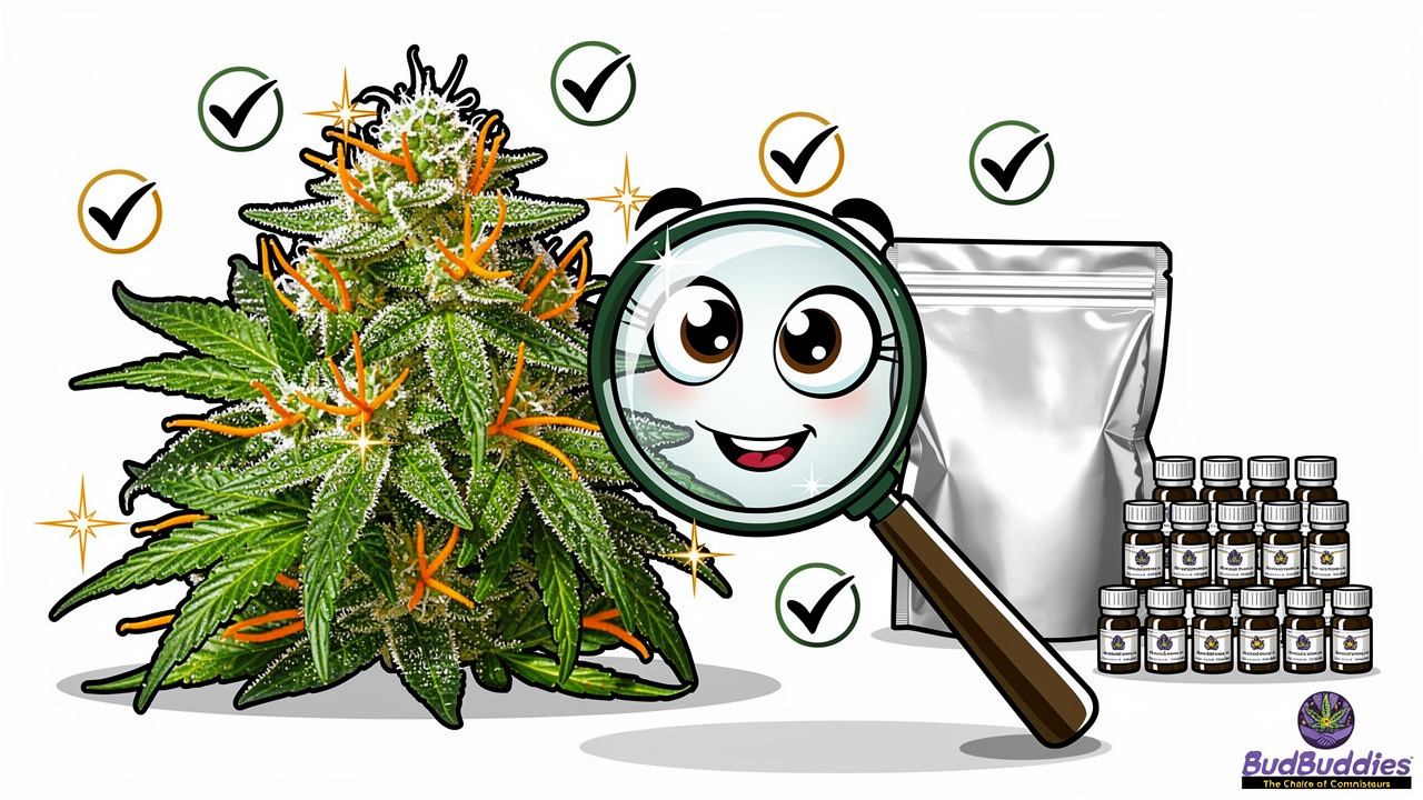 Cartoon magnifying glass inspecting quality cannabis bud