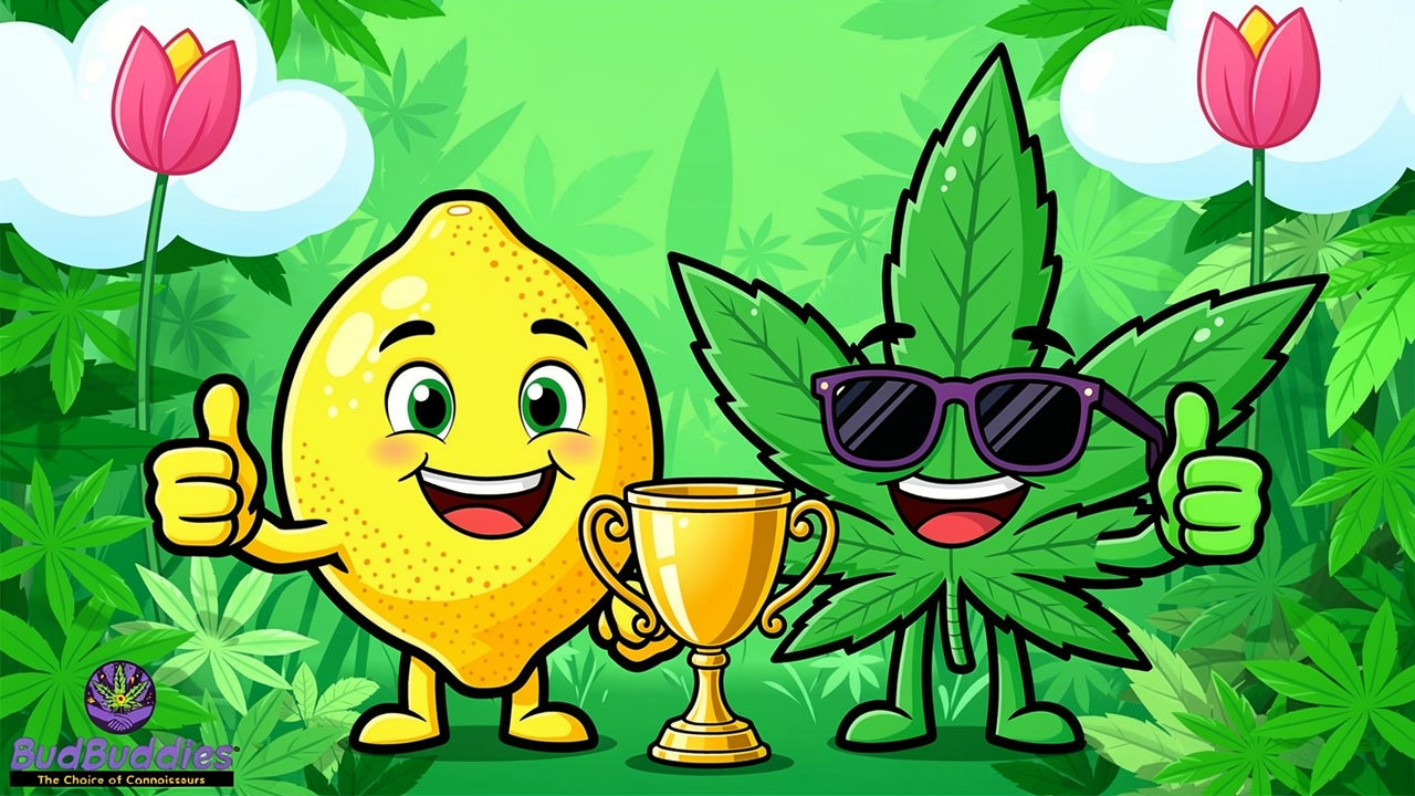 Cartoon lemon and cannabis leaf celebrating strain heritage