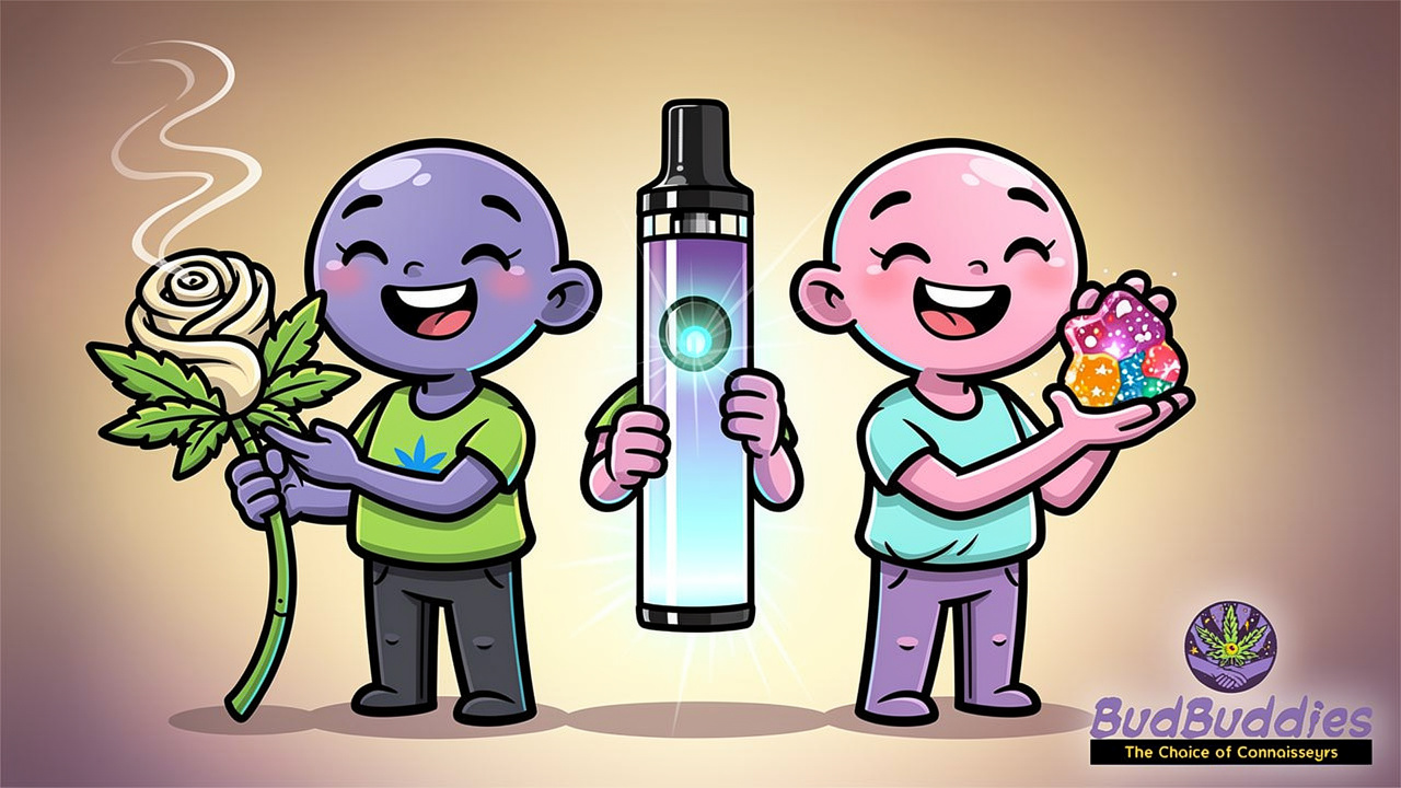 Cartoon characters holding flower, vape, and edible