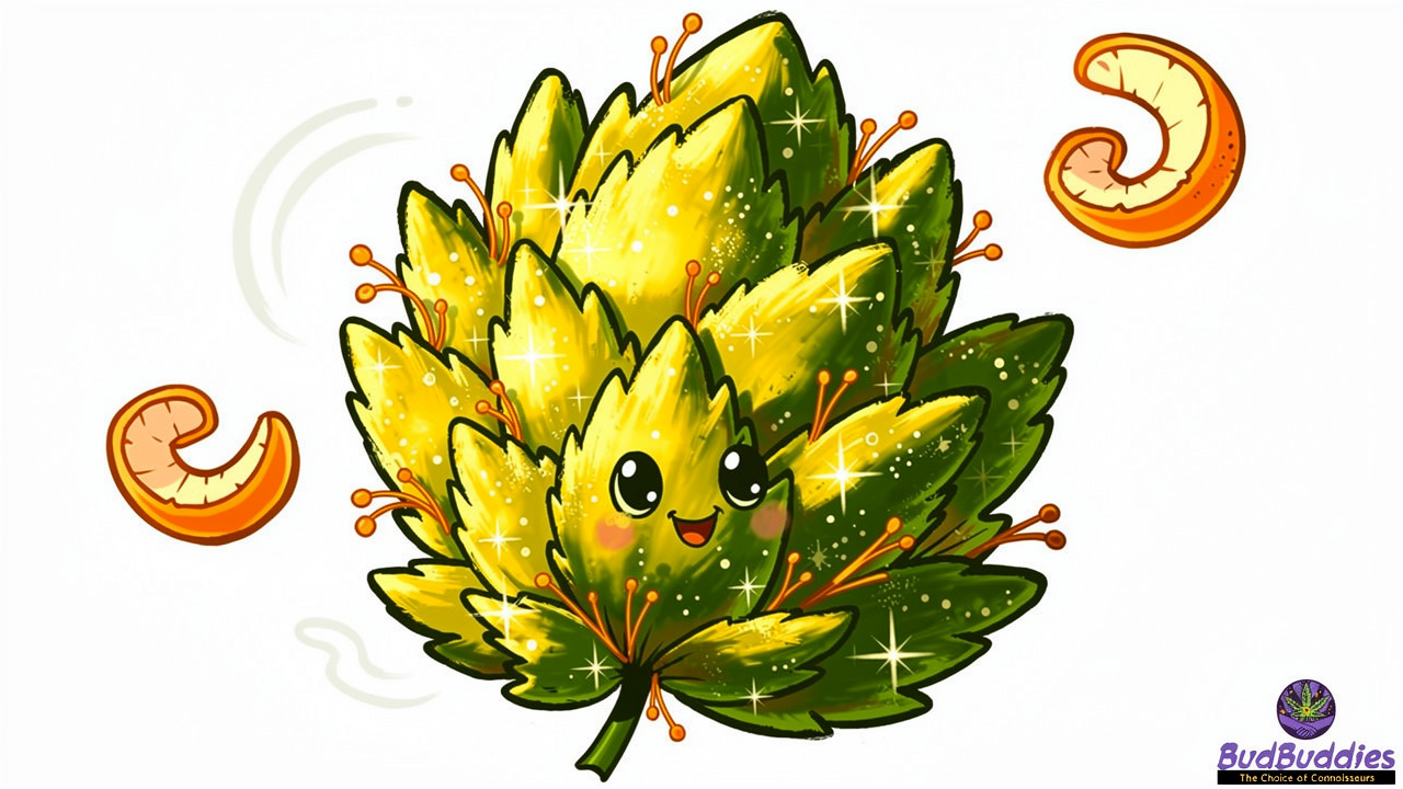 Cartoon frosty cannabis bud with orange pistils and trichomes