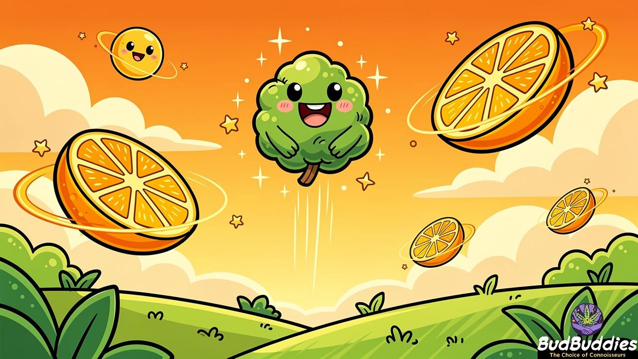 Cartoon uplifting cannabis character with sunny daytime energy