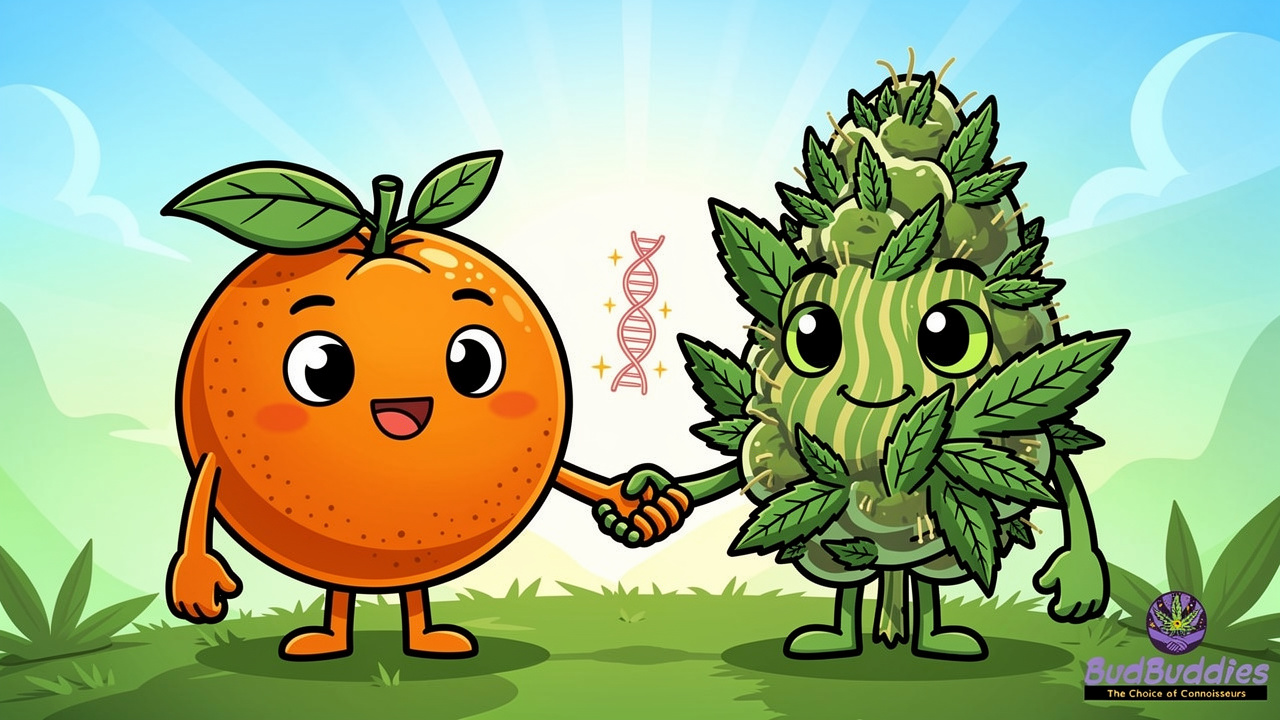 Cartoon characters showing Tangie strain citrus and skunk parentage