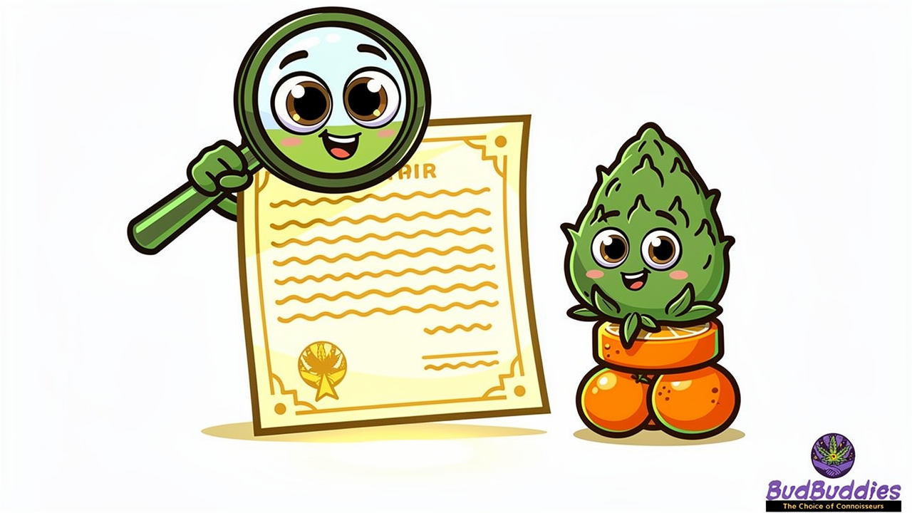 Cartoon magnifying glass inspecting cannabis lab quality certificate