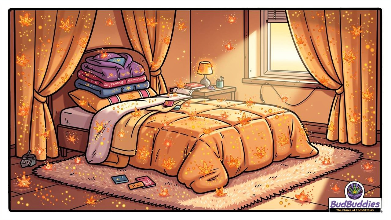 Cartoon terpene particles clinging to student bedroom fabrics