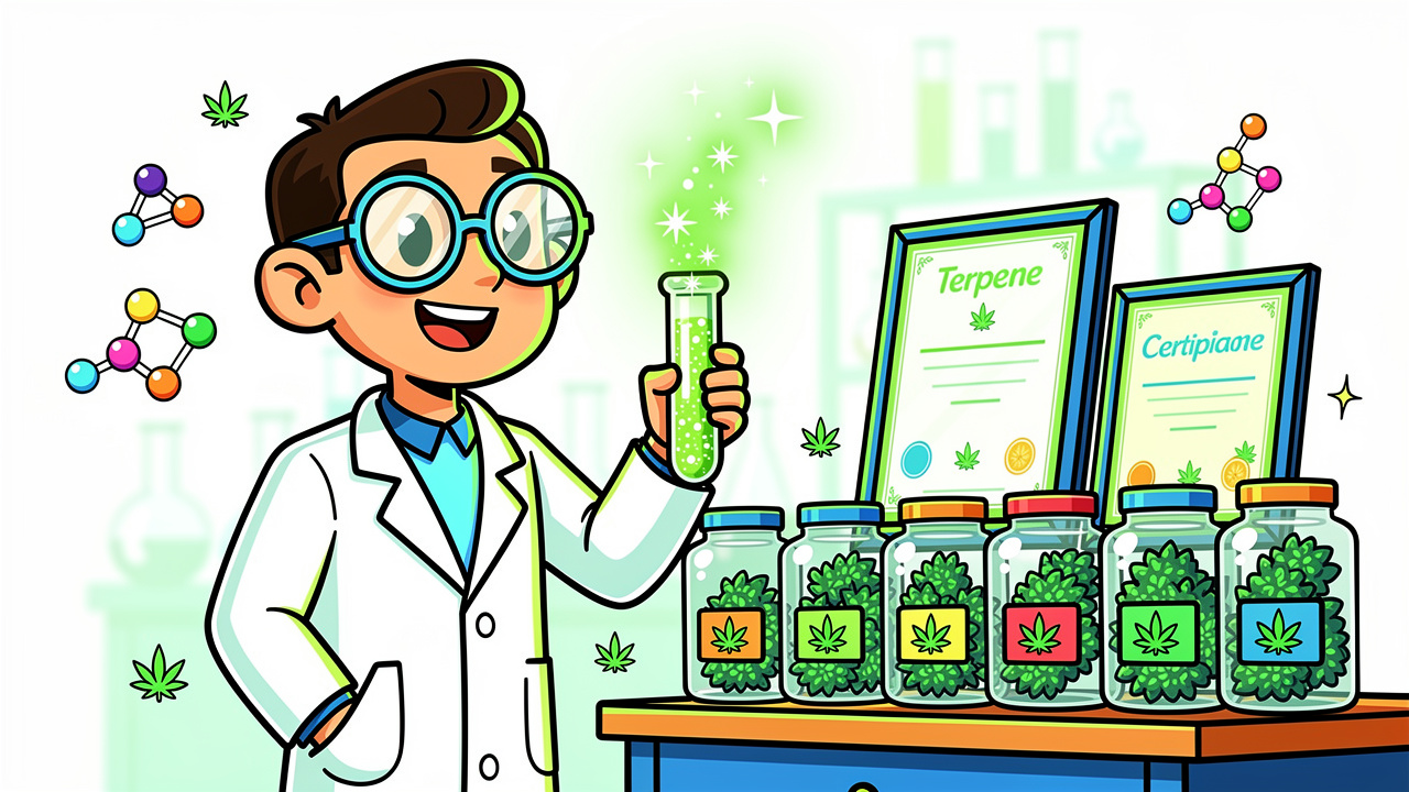 Cartoon scientist testing cannabis terpenes in a lab