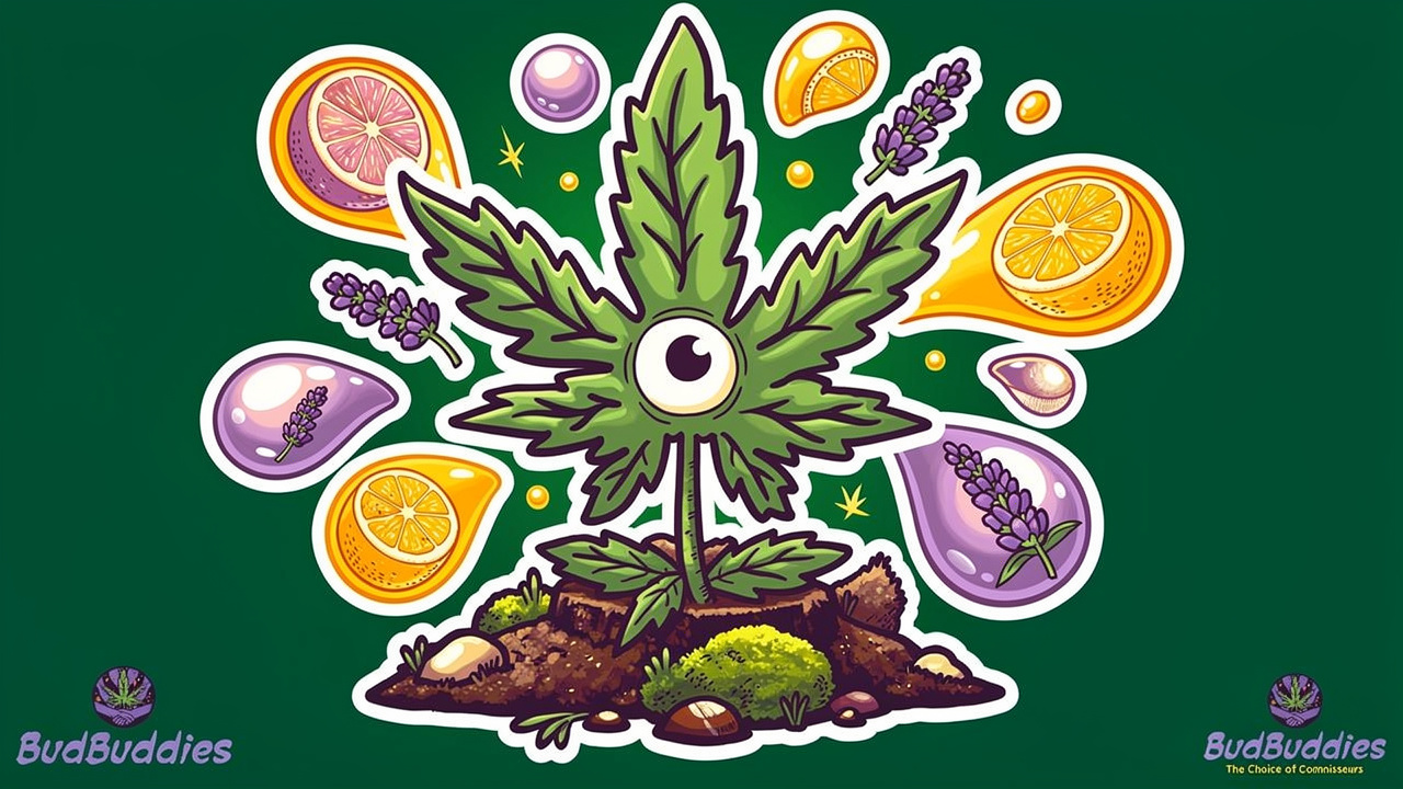 Cartoon cannabis plant surrounded by colourful terpene droplets