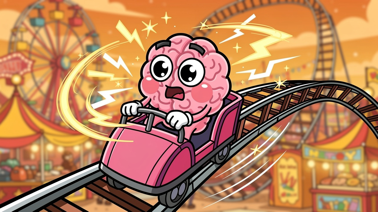 Cartoon brain character overwhelmed on a rollercoaster representing THC anxiety