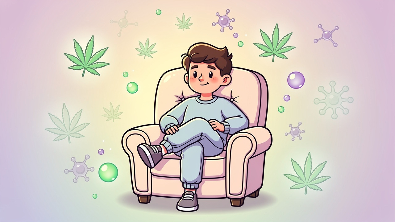 Friendly cartoon character relaxing calmly with cannabis leaf icons