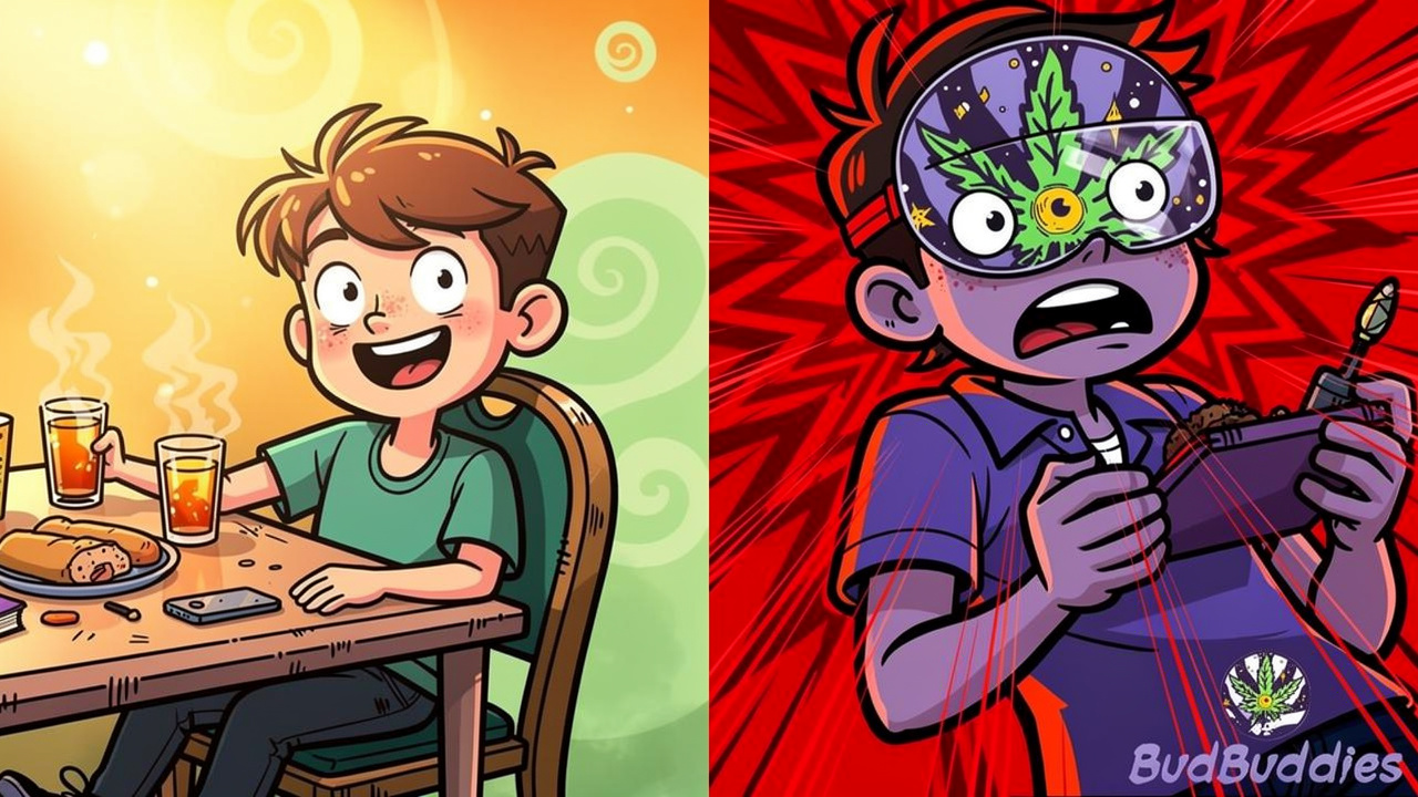 Cartoon showing cannabis calming versus triggering anxiety in a student