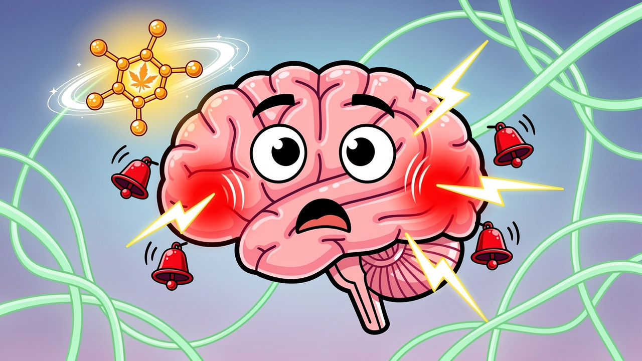 Cartoon brain reacting to THC with anxious alarm signals