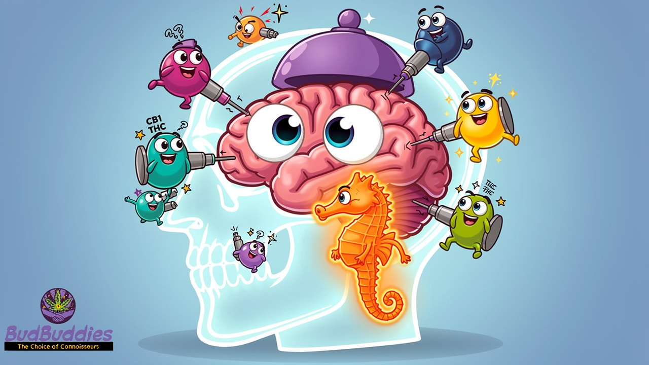 Cartoon brain showing THC affecting CB1 receptors and hippocampus