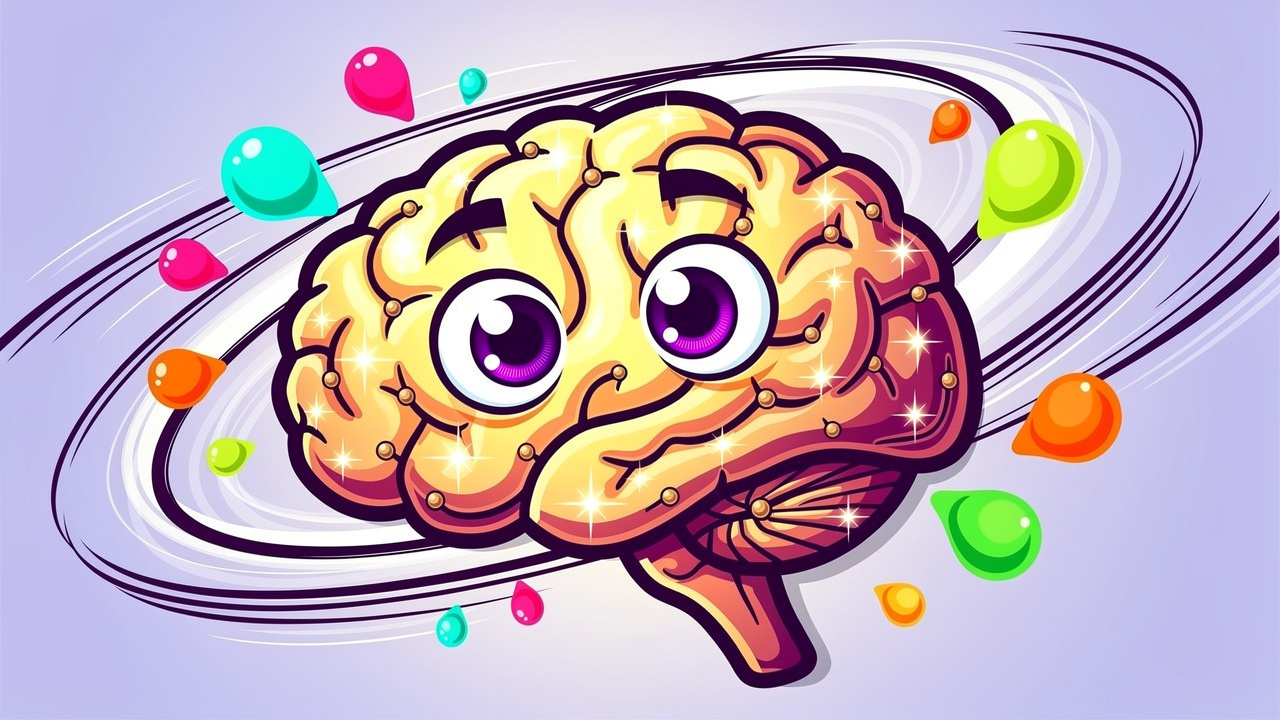 Cartoon brain with glowing receptors and dopamine bubbles