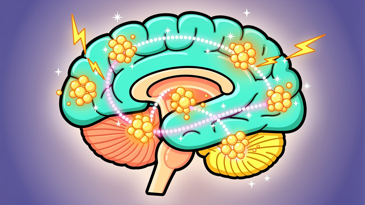 Cartoon brain showing THC activating receptor areas with glowing connections