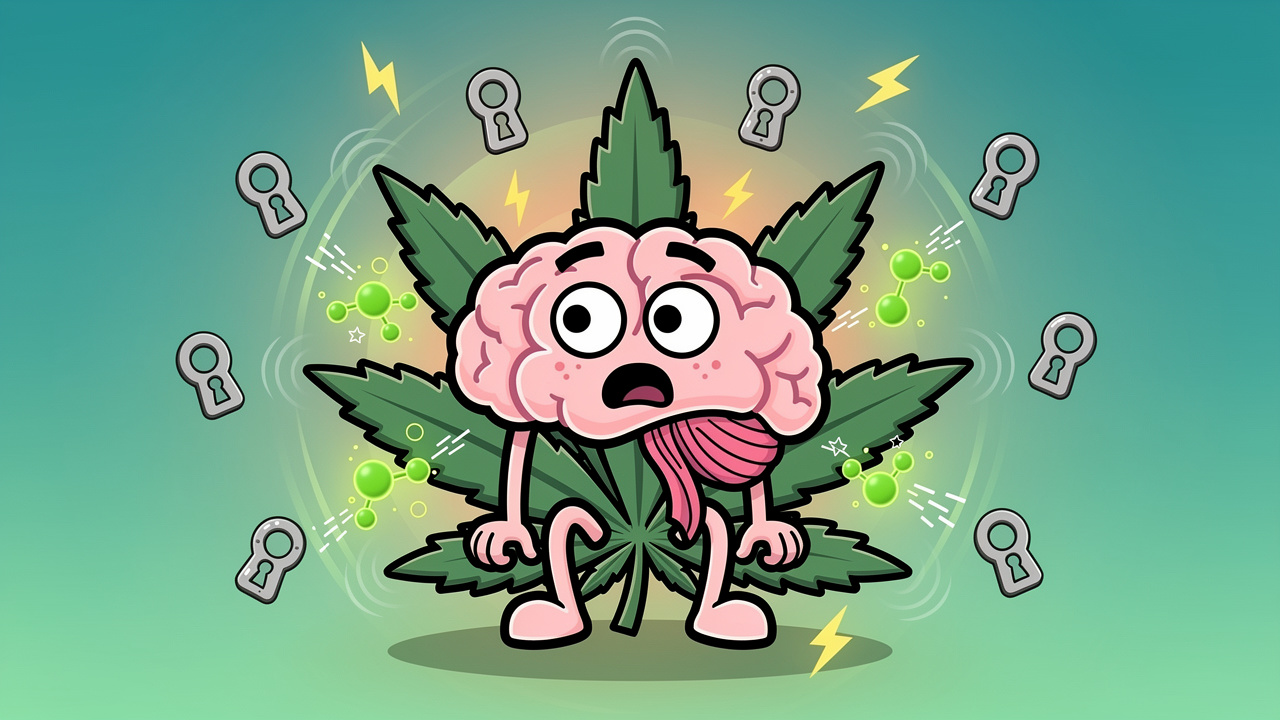 Cartoon brain reacting to THC molecules binding to receptors