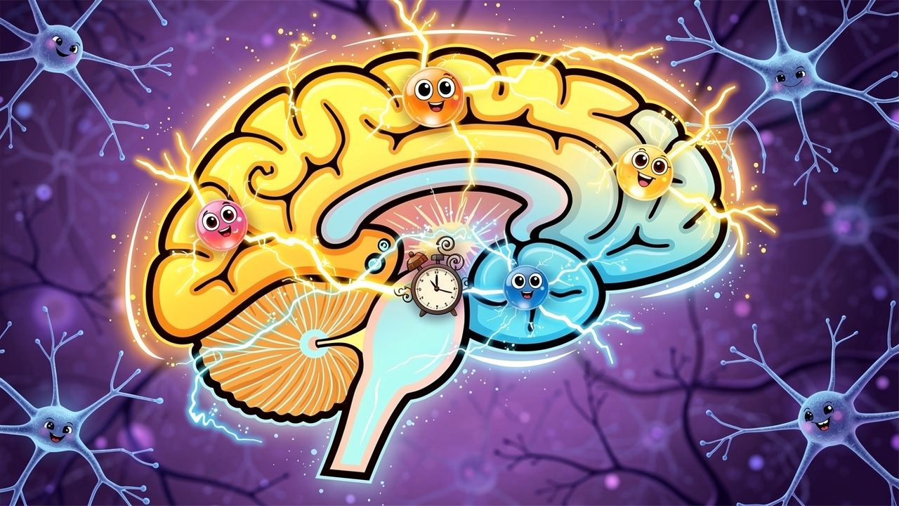 Cartoon brain showing THC effects on timing regions