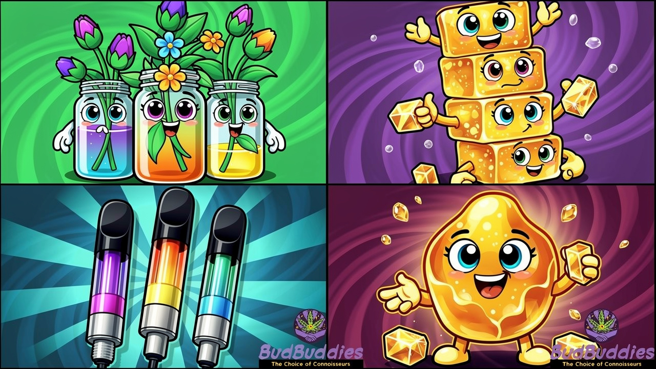 Cartoon illustration of four cannabis product types arranged colourfully
