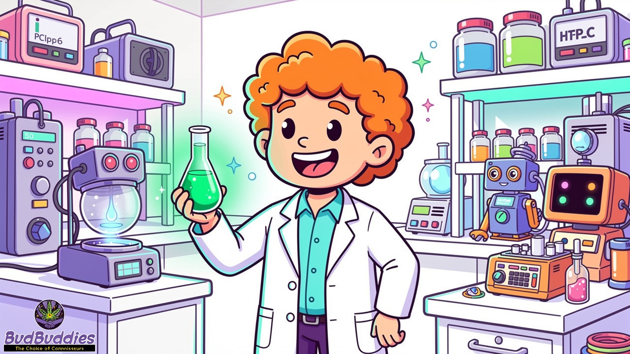 Cartoon scientist testing cannabis samples in a laboratory