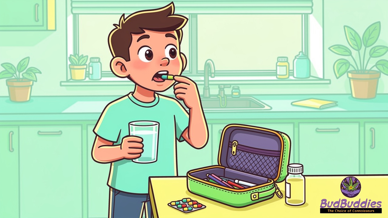 Animated student character taking a THC capsule discreetly at home