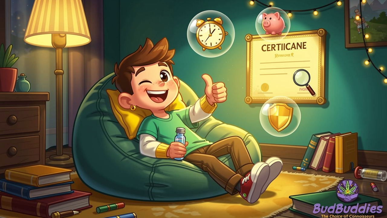 Cartoon student relaxing with lab-tested THC capsules in cosy dorm