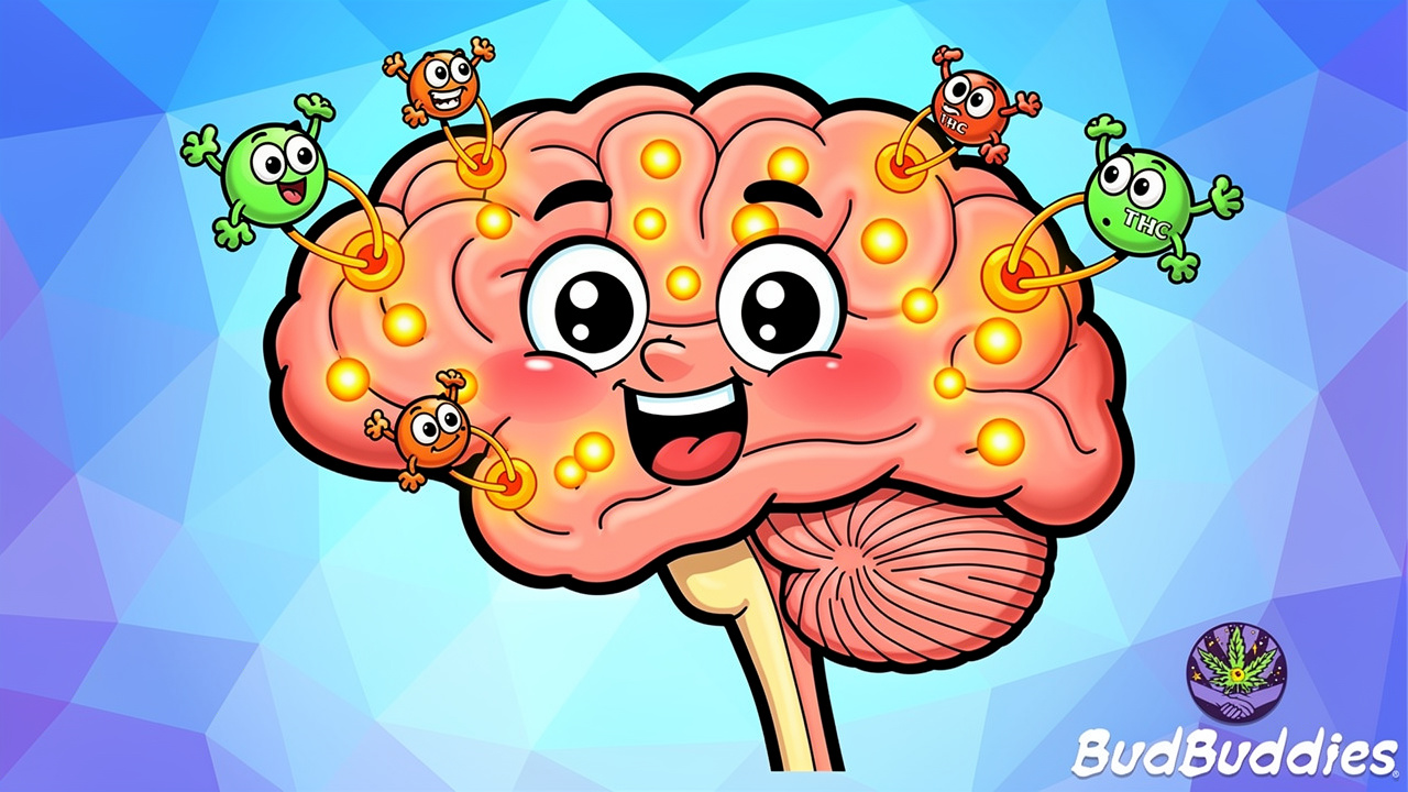 Cartoon brain showing THC binding to CB1 receptors