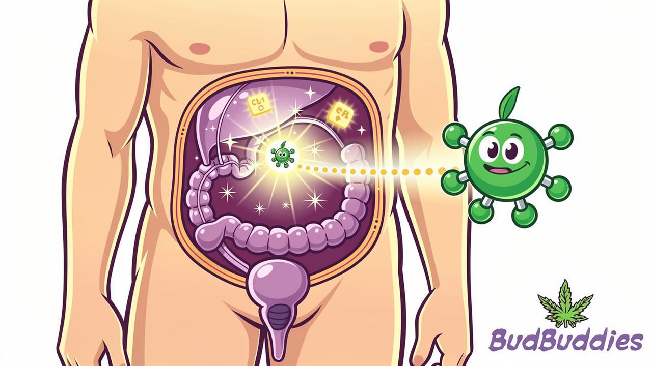 Cartoon THC molecule interacting with body receptors