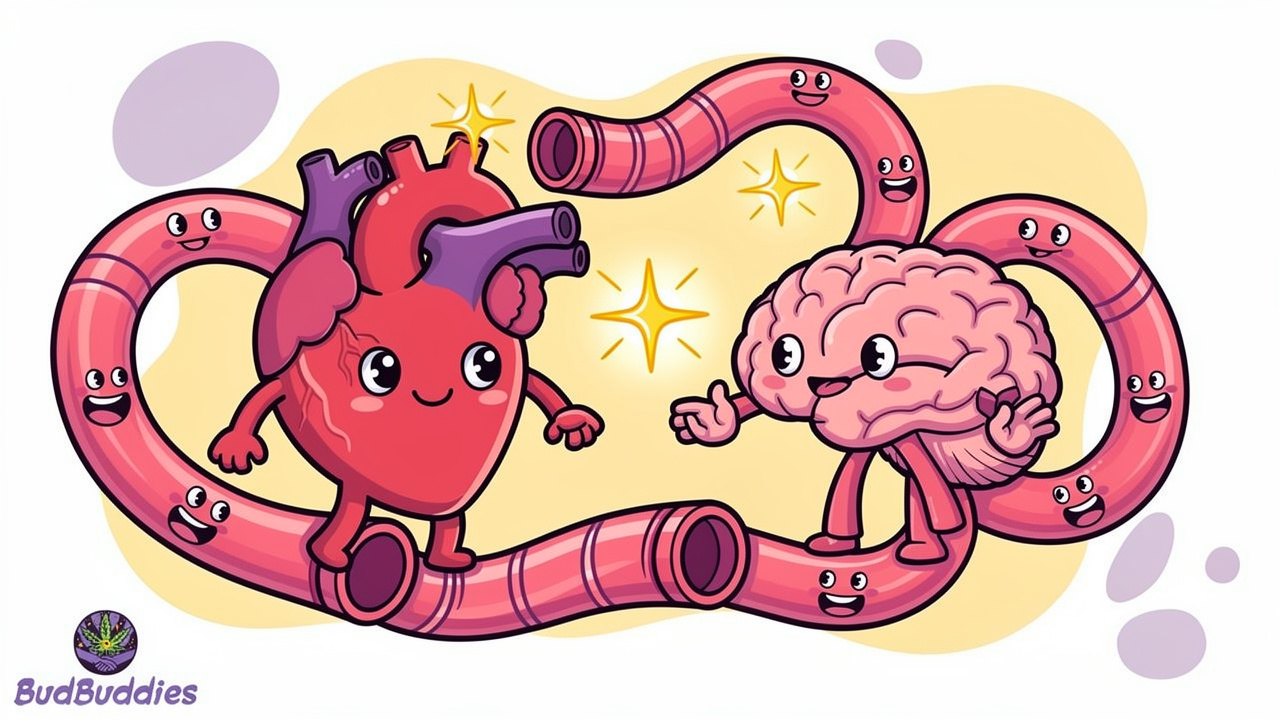 Cartoon heart and brain characters showing cannabis nervous system reaction