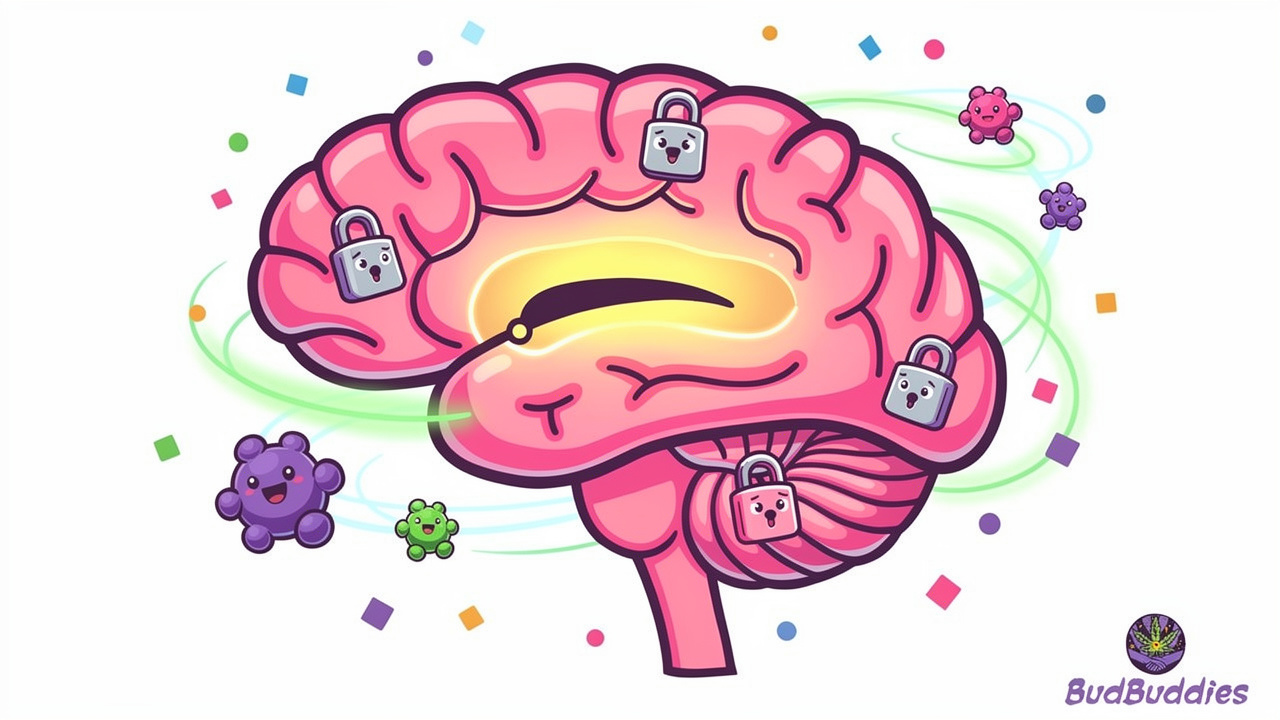 Cartoon brain showing THC binding to hippocampus receptors