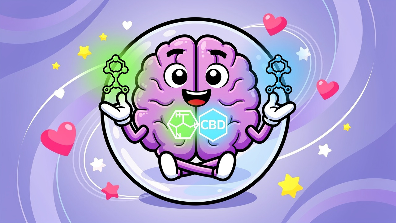 Cartoon brain showing THC and CBD balance reducing paranoia