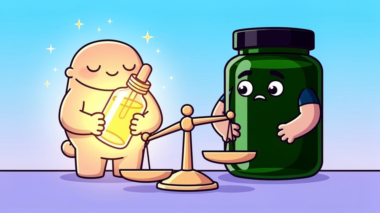 Cartoon comparing CBD and high-THC cannabis products for mood