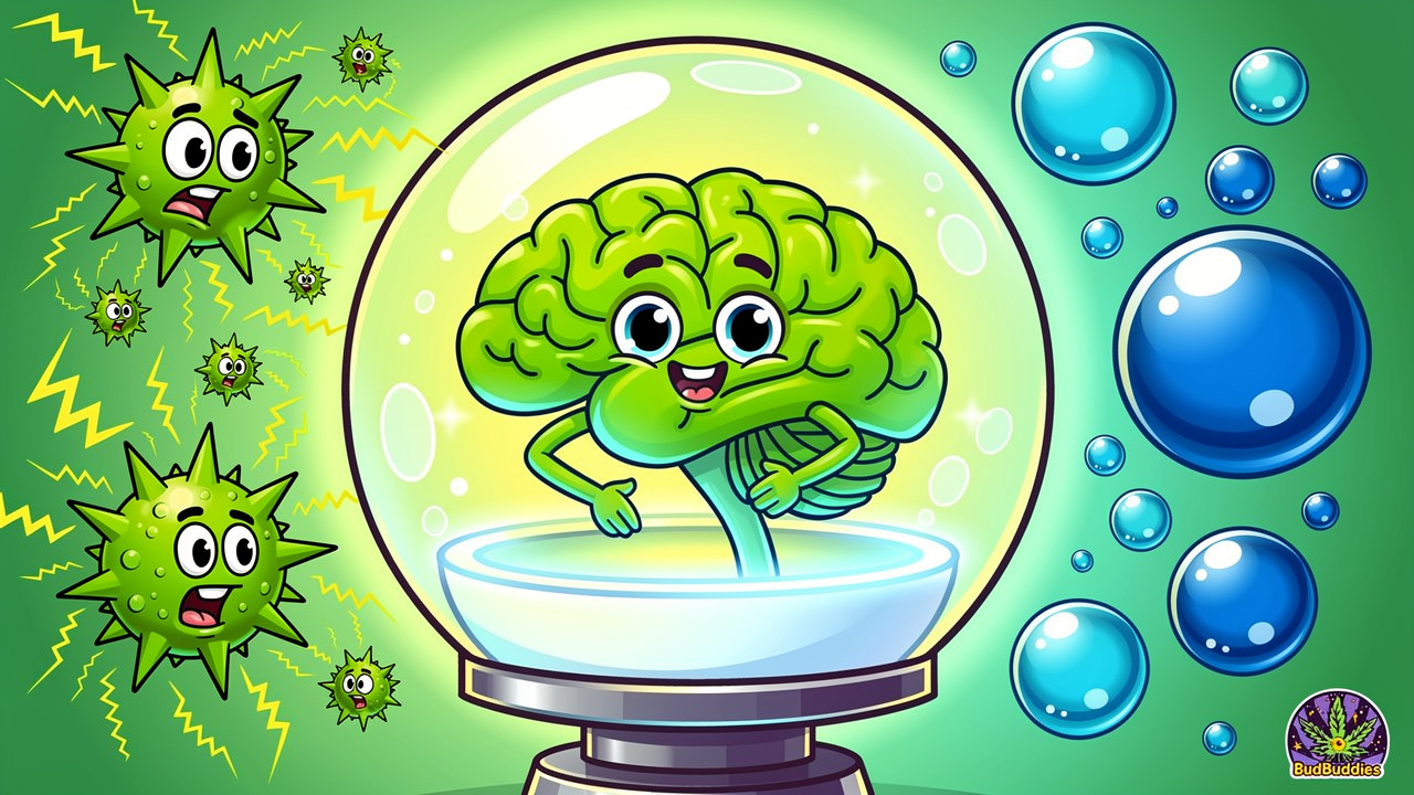 Cartoon brain showing THC and CBD effects during study