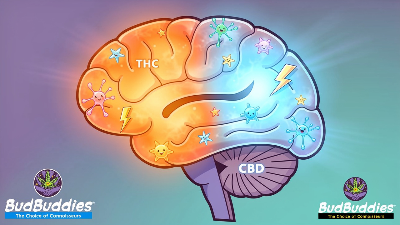 Cartoon brain showing THC and CBD effects during study
