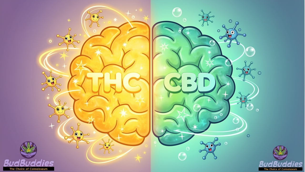 Cartoon brain showing THC and CBD effects on anxiety