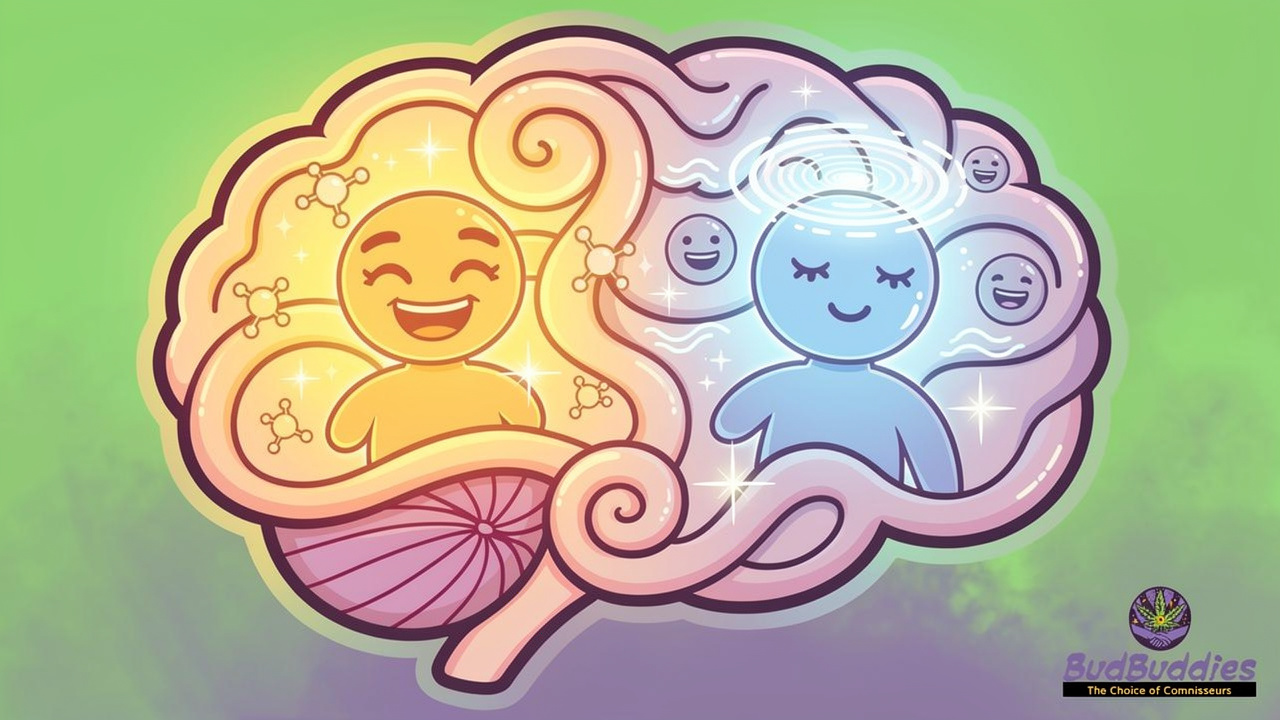 Cartoon diagram showing THC and CBD effects on the brain