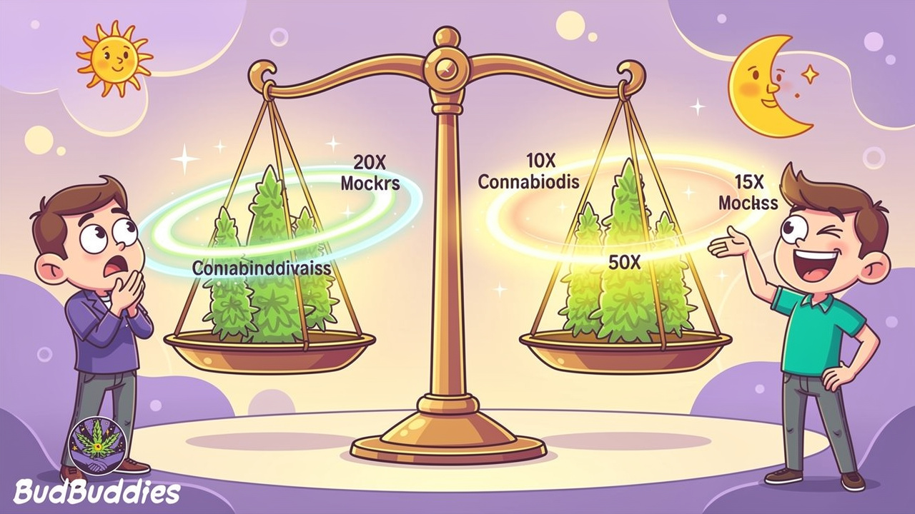 Cartoon scales illustrating THC and CBD ratio balance