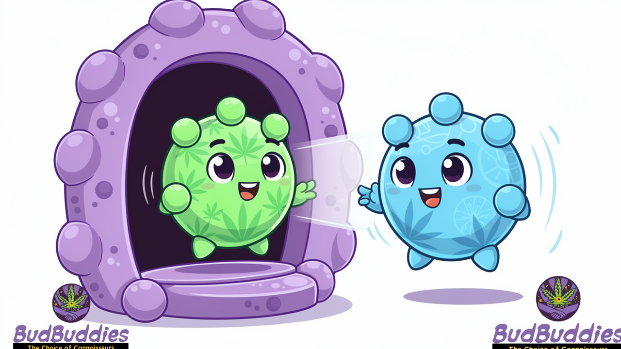 Cartoon THC and CBD molecules interacting with receptors