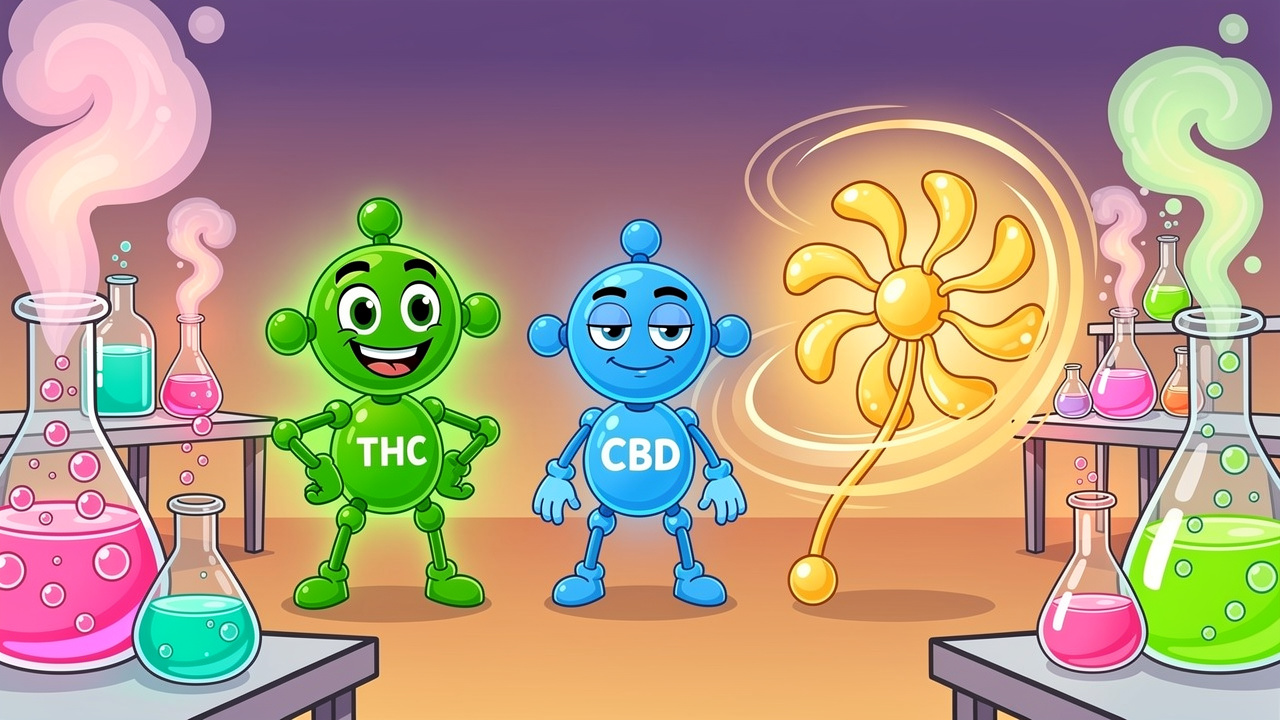 Cartoon THC CBD and terpene molecules with friendly expressions