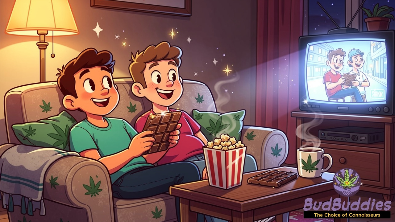 Friends relaxing and sharing THC chocolate on a cosy evening