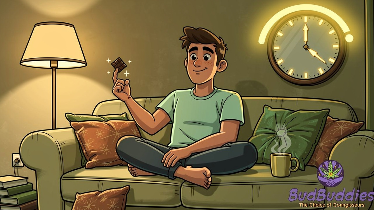 Cartoon person patiently waiting after eating THC chocolate square